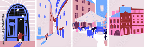 Urban landscape drawing vector. Simple and cozy street, cafe, people, house. Abstract architecture four banner. Cartoon vector buildings illustration.Trendy homes with windows, roof and people.