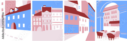 Urban landscape drawing vector. Simple and cozy street, cafe, people, house. Abstract architecture four banner. Cartoon vector buildings illustration.Trendy homes with windows, roof and people.