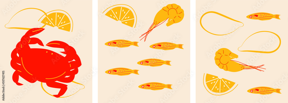 Seafood vector illustration. Can be use for restaurants menu, cover, packaging. Abstract hand drawn banner template. Shrimp, lobster, fish. Cartoon flat vector seafood ingredients. Clip art. Seafood vector illustration. Can be use for restaurants menu, cover, packaging. Abstract hand drawn banner template. Shrimp, lobster, fish. Cartoon flat vector seafood ingredients. Clip art.
