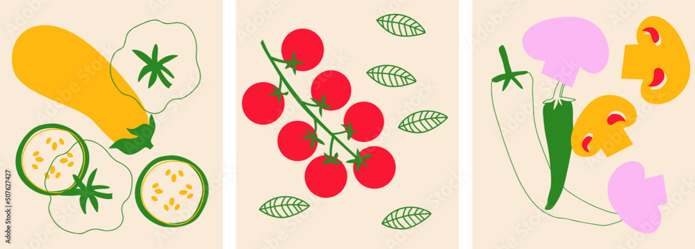 Obraz premium Cute appetizing Vegetables collection. Decorative abstract horizontal banner with colorful doodles. Hand-drawn modern illustrations with Vegetables, abstract elements. 