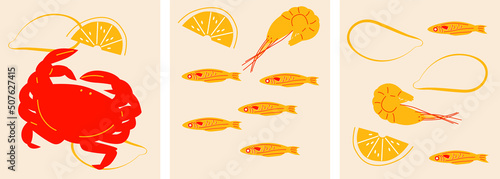 Seafood vector illustration. Can be use for restaurants menu, cover, packaging. Abstract hand drawn banner template. Shrimp, lobster, fish. Cartoon flat vector seafood ingredients. Clip art.