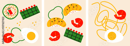 Abstract appetizing sushi and rolls collection. Decorative abstract horizontal banner with colorful doodles. Hand-drawn modern illustrations with sushi and rolls abstract elements. Asian cuisine