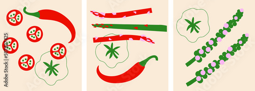 Cute appetizing Vegetables collection. Decorative abstract horizontal banner with colorful doodles. Hand-drawn modern illustrations with Vegetables, abstract elements. 