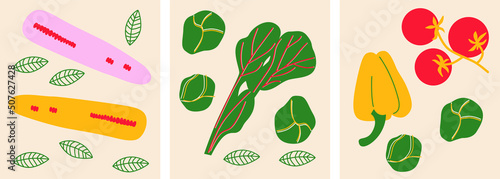 Cute appetizing Vegetables collection. Decorative abstract horizontal banner with colorful doodles. Hand-drawn modern illustrations with Vegetables, abstract elements. 