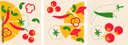 Abstract Pizza and vegetables set. Italian Pizza  cartoon illustration. Vector. Funny colored typography poster, advertising, packaging print design, restaurant menu decoration.