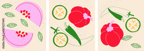 Cute appetizing Vegetables collection. Decorative abstract horizontal banner with colorful doodles. Hand-drawn modern illustrations with Vegetables, abstract elements. 