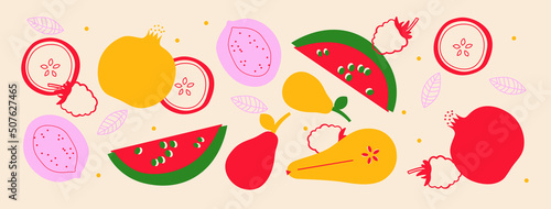 Cute appetizing fruit and berries collection. Decorative abstract horizontal banner with colorful doodles. Hand-drawn modern illustrations with fruit and berries, abstract elements. Abstract series