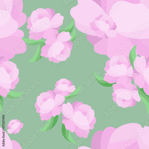 Seamless pattern with pale pink peony flowers on a light green backdrop. Soft delicate botanical floral print with garden plants. Vector graphics in vintage natural style for fabric, paper wrapping