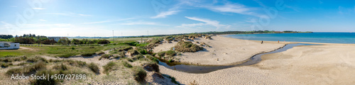 Panorama of Sola beach, sand dunes and a small river entering the sea, Stavanger, Norway, May 2018