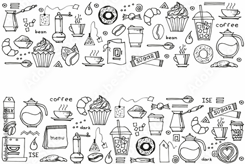 set of hand drawn coffee doodles: drinks, desserts, beans and other related objects. Vector sketch illustration background