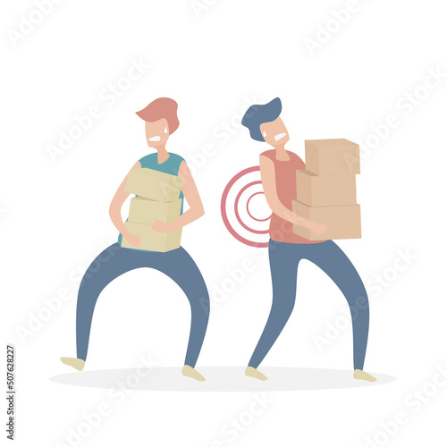 Back pain after heavy wrong lifting heavy objects,Men lift and move carry box danger with back and problem muscle,Vector illustration.