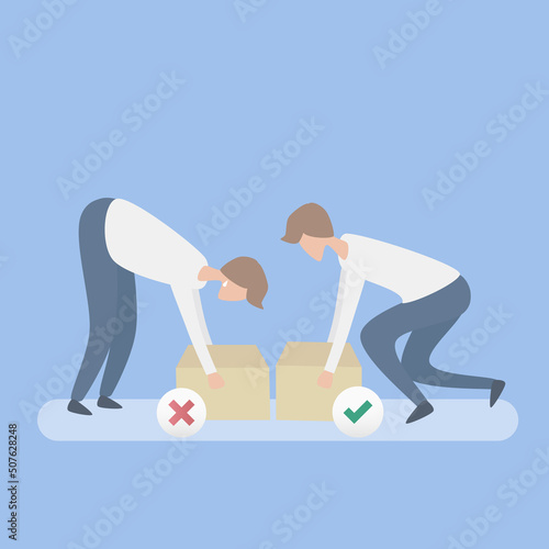 Correct posture to lift a heavy object safely. Illustration of health care. vector illustration. Instruction, incorrect,Vector illustration.