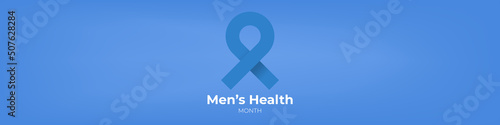 Mens health month concept horizontal banner design template with blue ribbon and text isolated on blue background. June is national mens health awareness month vector flyer or poster