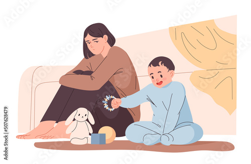 Distressed mother sits by her playing child