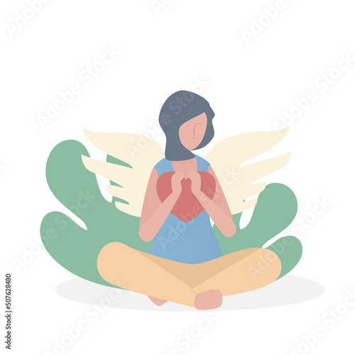 Forgive Yourself and Move on from the Past,Women embraced her heart with kindness,Self care and Self compassion,Vector illustration.