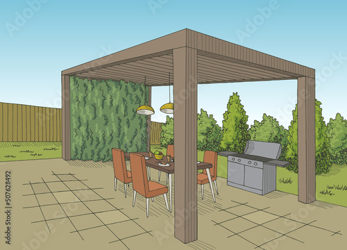 Gazebo garden modern graphic color architect landscape sketch illustration vector 