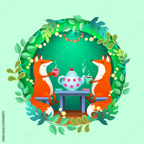two cute fox drinking tea in Its cosy burrow. funny animals cartoon characters sitting at table. fairy tale concept. vector illustration.
