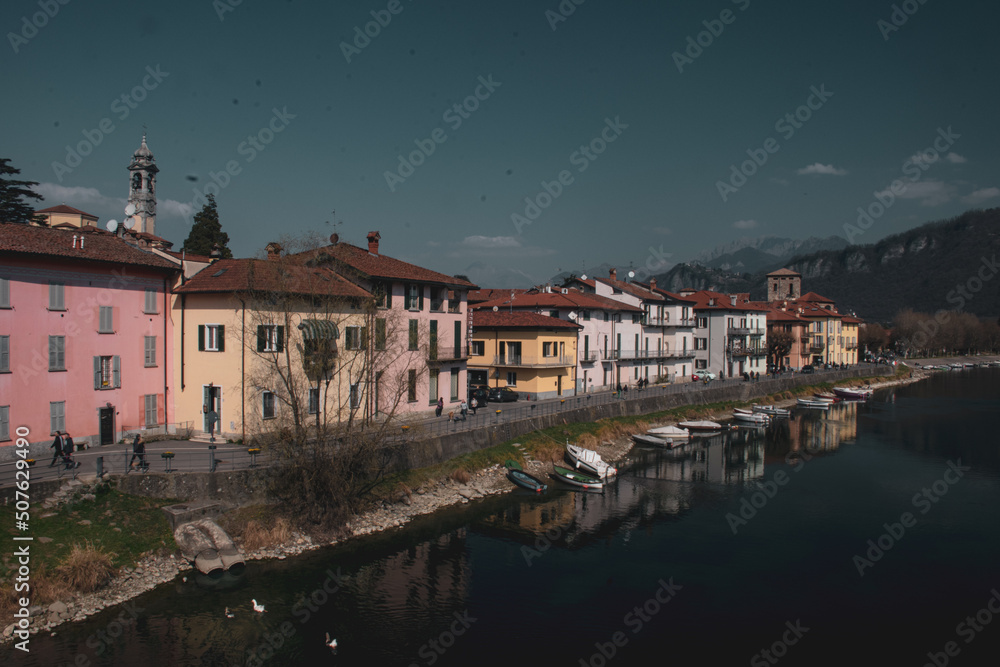 view of the river town of Brivio, Lecco, Italy