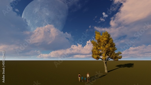 3D illustration of a family on a meadow near the shore of the blue sky.3D Render © Svitlana