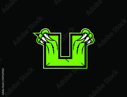Claw mascot sport logo design. Letter U with scratch animal mascot illustration logo.