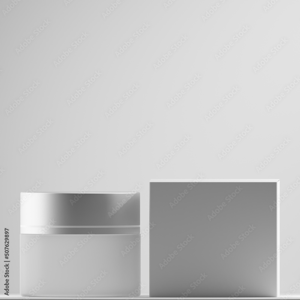 glass jar frosted with metallic cap and white box cartoon a front view 3d render glass jar frosted with metallic cap and white box cartoon a front view 3d render