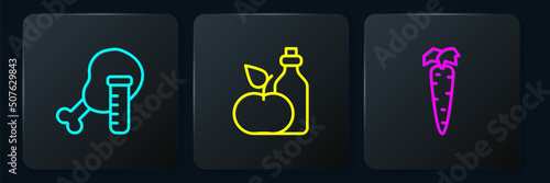 Set line Genetically modified chicken, Carrot and Apple cider vinegar in bottle. Black square button. Vector