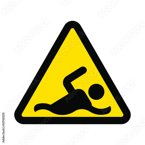 Man swimming, warning yellow triangular sign isolated on white background, vector illustration