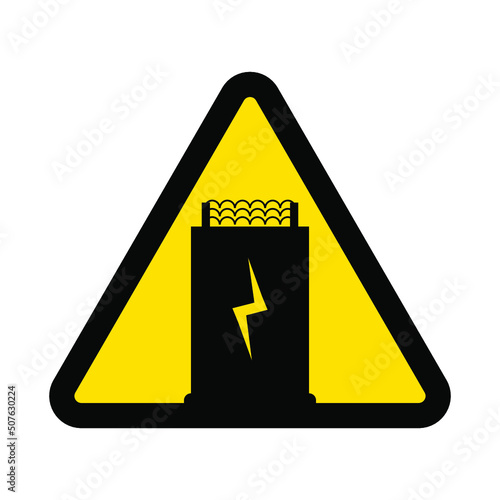Electrical substation or transformer box, warning yellow triangular sign isolated on white background, vector illustration