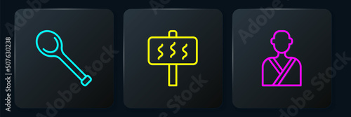 Set line Sauna ladle, Man in the sauna and . Black square button. Vector