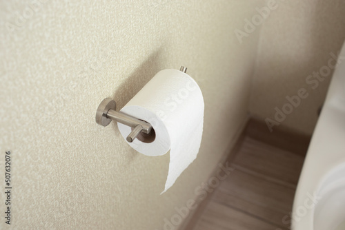 A view of a toilet paper roll on a toilet paper dispenser.