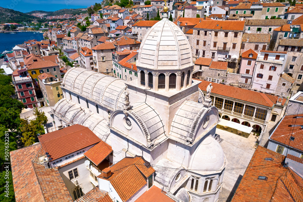 Sibenik saint James cathedral aerial view, UNESCO world heritage site