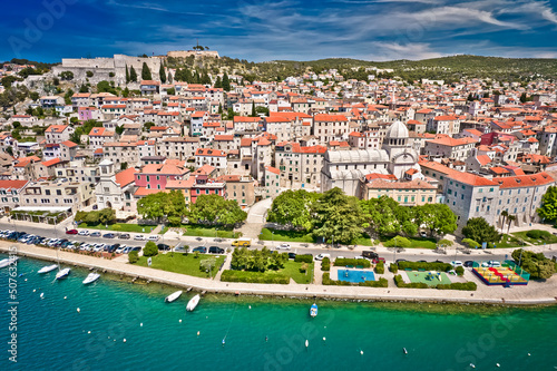 Sibenik waterfront and st. James cathedral aerial view, UNESCO world heritage site