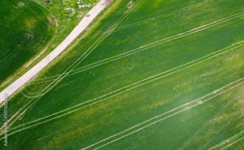 Aerial view of agro rural green fields and rustic landscape