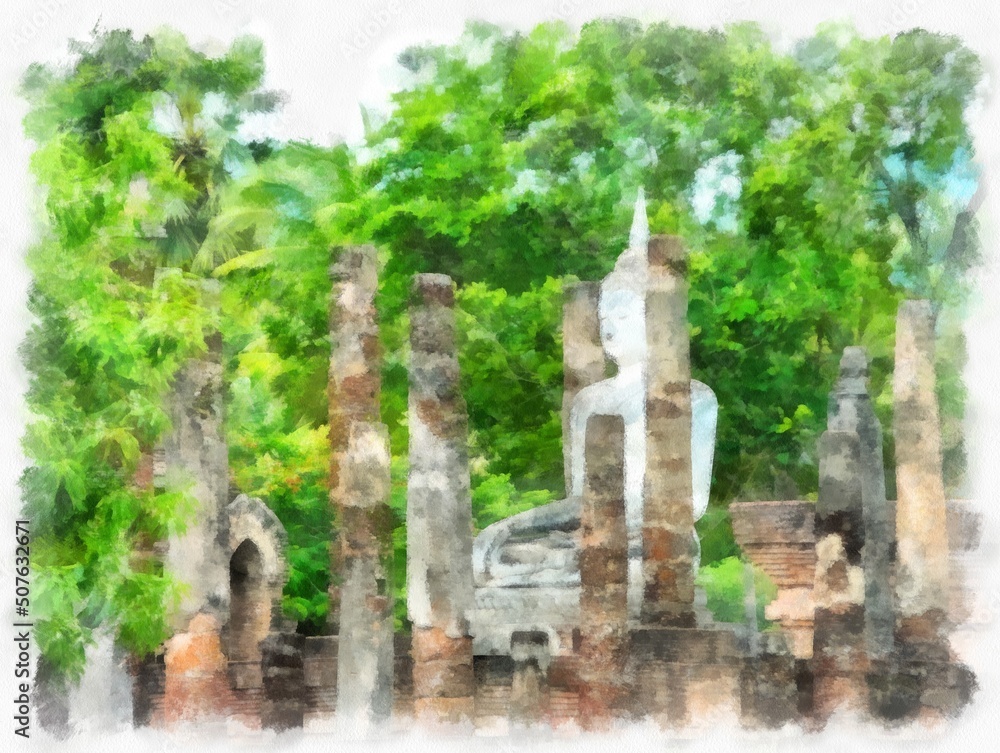Ancient Ruins in Sukhothai World Heritage Site watercolor style illustration impressionist painting.