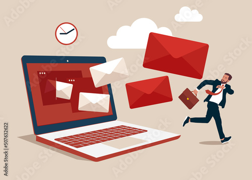 Entrepreneur office guy run away from overload flying mail letter from computer laptop. Email overload too many junk mails that reduce efficiency and productivity in work and time management concept.