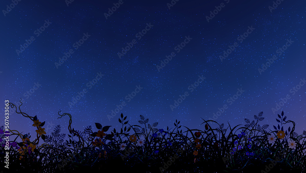 Night sky with stars and landscape purple with wild flowers dark blue