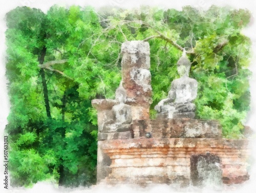 Ancient Ruins in Sukhothai World Heritage Site watercolor style illustration impressionist painting. © Kittipong