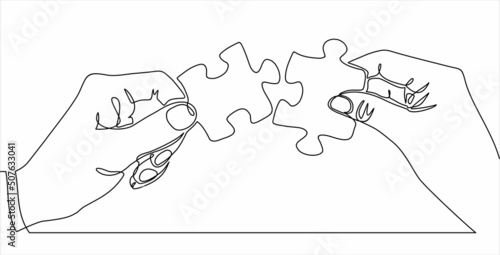 One continuous line drawing of two hands holding puzzle pieces to unite them as sign to start business collaboration. Jigsaw wooden puzzle on white background. Concept of connection