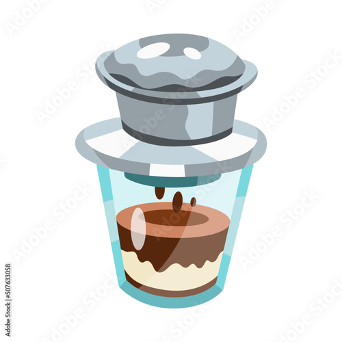Vector illustration of vietnamese coffee brewing process. Isolated object on white. Glass, metal, filter, condensed milk, ice. Grey, blue and brown colors. Hand drawn cartoon flat vector illustration