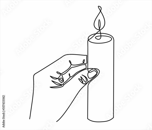 Continuous one line drawing of a hand holding burning candle. Human hand holding a memory candle. Melting wax candle in left hand. Vector minimalism design isolated on white background