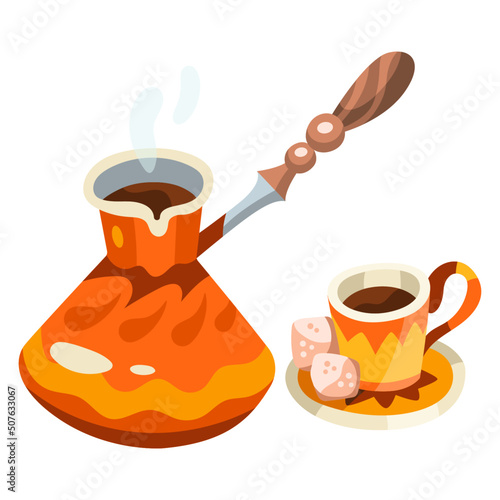 Vector illustration of traditional turkish coffee brewing process. Isolated object on white. Ceramic cezve or copper jezve, metal, small cup, sugar. Orange, grey and brown colors. Hand drawn cartoon f