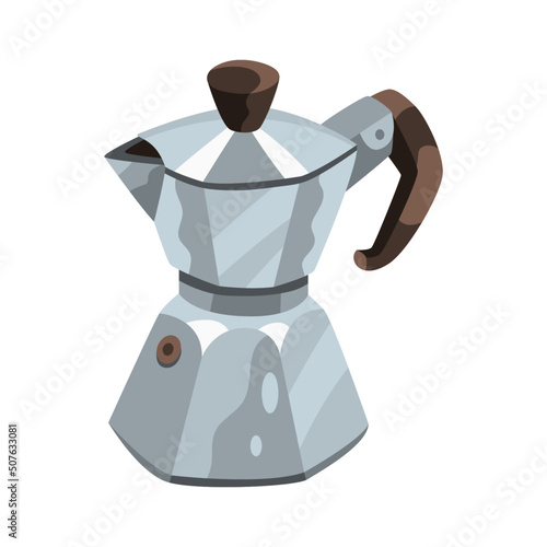 Vector illustration of coffee brewing process with geyser moka coffee maker. Isolated object on white. Metal pot. Grey and brown colors. Hand drawn cartoon flat vector illustration