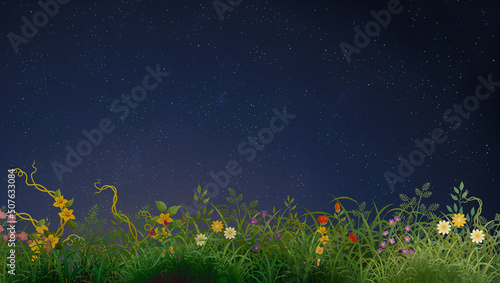 Night sky with stars and landscape purple with wild flowers dark green © pil