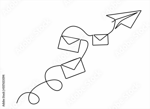 paper plane and envelopes e mail list building illustration continuous one line art illustration. Can used for logo, emblem, slide show and banner. Illustration with quote template. 