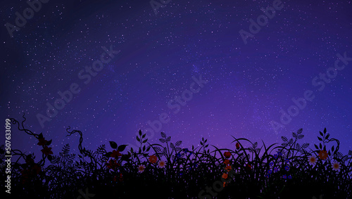 Night sky with stars and landscape purple with wild flowers purple
