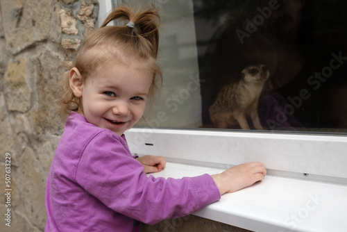 portrait of little girl and meerkat