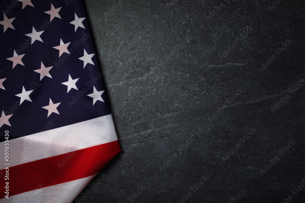 Obraz premium Flag of United States of America on marble background, layout image