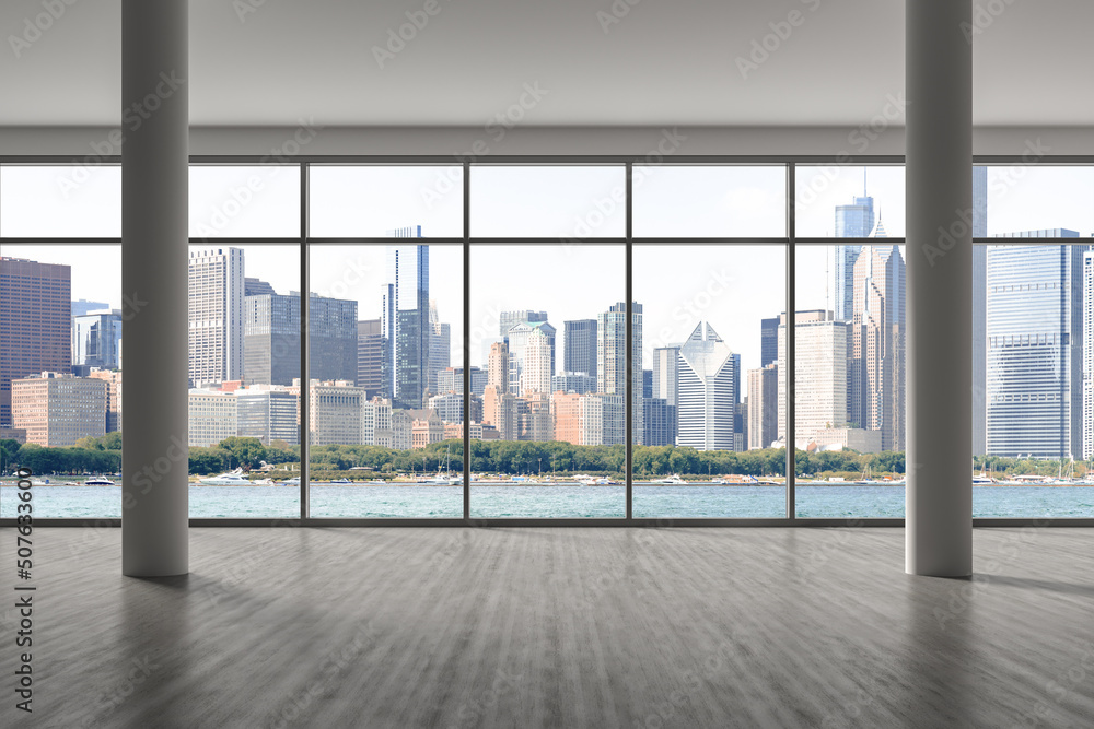 Downtown Chicago City Skyline Buildings from Window. Beautiful Expensive Real Estate. Epmty office room Interior Skyscrapers, View Lake Michigan waterfront, harbor. Cityscape. Day time. 3d rendering. Downtown Chicago City Skyline Buildings from Window. Beautiful Expensive Real Estate. Epmty office room Interior Skyscrapers, View Lake Michigan waterfront, harbor. Cityscape. Day time. 3d rendering.