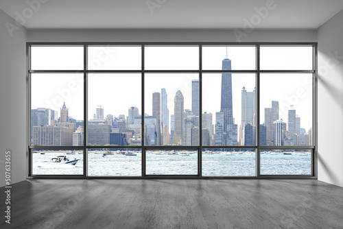 Downtown Chicago City Skyline Buildings from Window. Beautiful Expensive Real Estate. Epmty office room Interior Skyscrapers  View Lake Michigan waterfront  harbor. Cityscape. Day time. 3d rendering.