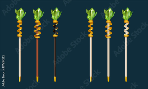 Vector illustration set of luxury magic staves for wizard or sorcerer. Magic props for rpg games in casual style. Black, white or wooden stick with gold spiral and green gems, crystals for gaming ui